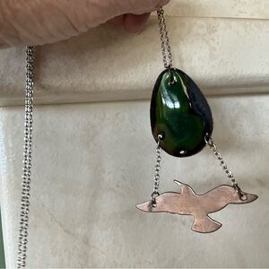 Abstract Modern Artisan Long Green Enamel & Copper Bird Pendant Necklace